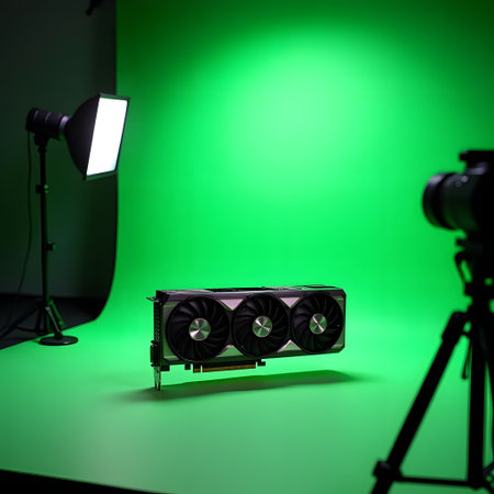 A powerful graphics card is illuminated by studio lights against a vibrant green screen, ready for video production.の素材