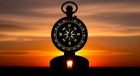 An antique compass stands silhouetted against a fiery sunset, with a single lit candle below.の素材