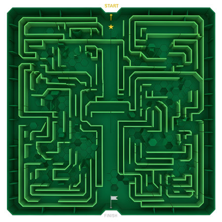 A complex, symmetrical maze-like pattern of glowing green lines on a dark background, resembling a circuit board.の素材