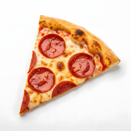 A single, mouthwatering slice of pepperoni pizza, featuring crispy crust, melted mozzarella, and savory pepperoni circles on a white background.の素材