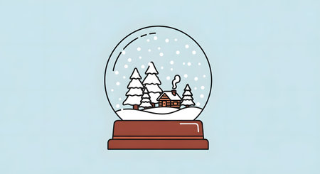 A hand-drawn illustration of a snow globe containing a snowy landscape with pine trees and a small, red-roofed cabin.の素材