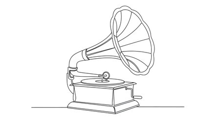 A hand-drawn, black and white sketch of a vintage gramophone, featuring a prominent horn and a detailed base.の素材