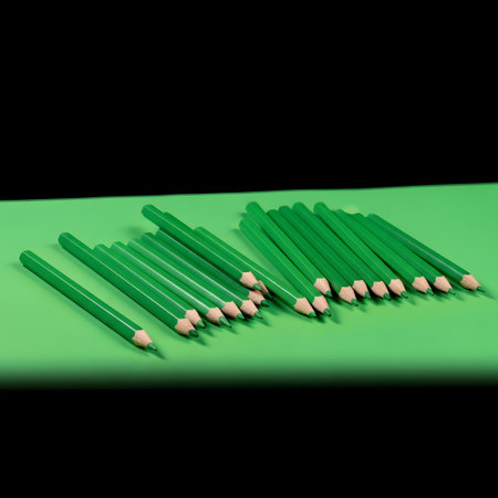 Numerous sharpened green pencils are neatly arranged in two clusters on a vibrant green surface against a dark background.の素材