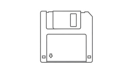 A simple line drawing shows the top view of a 3.5 inch floppy disk with its protective shutter and label area clearly depicted.の素材