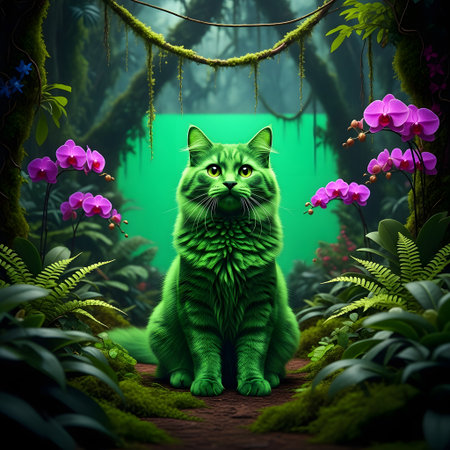 A vibrant green cat sits regally amidst lush foliage and glowing purple flowers in a surreal, magical forest setting.の素材