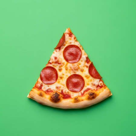 A single, mouthwatering slice of pepperoni pizza with melted cheese and a golden crust is presented against a bright green backdrop.の素材