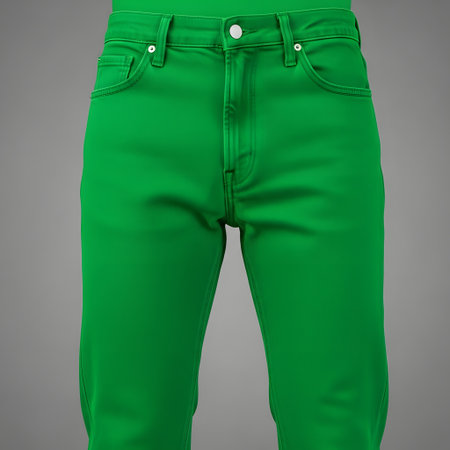 A close-up shot of a person wearing vibrant green denim jeans against a neutral gray backdrop.の素材