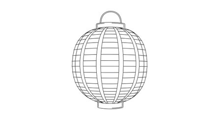 A minimalist, line-art illustration of an oval-shaped lantern with a detailed grid pattern, suspended by a loop.の素材