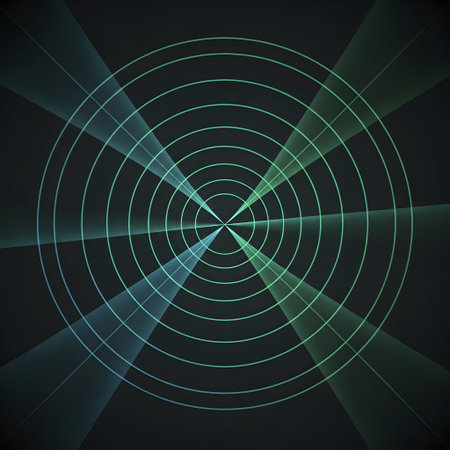 A dark background features a central circular geometric design with radiating teal lines and concentric circles creating a futuristic, abstract pattern.の素材