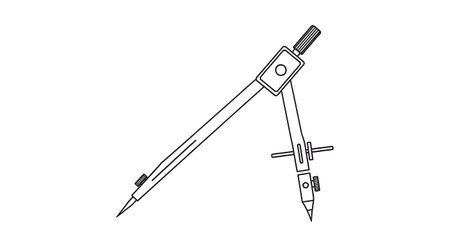A hand-drawn illustration of a metal drafting compass. One leg holds a pencil, ready to draw circles or arcs.の素材