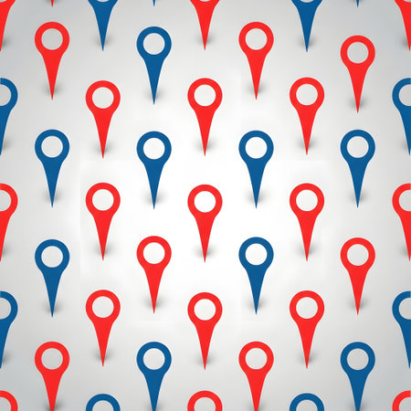 A repeating pattern of red and blue location pins on a textured light gray background.の素材