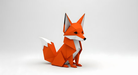 A stylized, geometric origami fox sits alertly against a plain white background, its orange body contrasting with a white tail.の素材