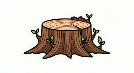A hand-drawn illustration of a brown tree stump with visible rings and small green leaves sprouting from its sides and top.の素材