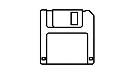 A simple, clean line drawing of a 3.5-inch floppy disk, a classic symbol of data storage.の素材