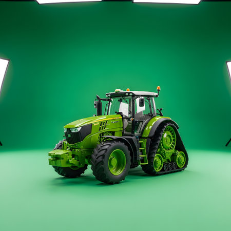 A highly detailed model of a green tracked tractor is showcased against a vibrant green studio backdrop with professional lighting.の素材