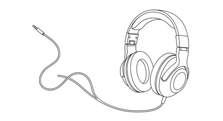 A black and white line art illustration of a pair of over-ear headphones connected to a coiled cable and plug.の素材