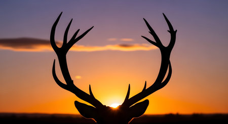 The impressive antlers of a stag are dramatically silhouetted against a vibrant orange and purple sunset, creating a striking natural scene.の素材
