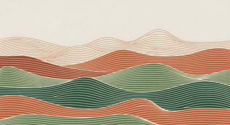 A stylized representation of rolling hills with a textured, layered appearance, rendered in warm earthy colors and subtle line patterns.の素材