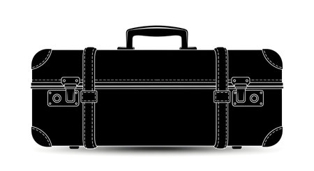 A detailed silhouette of a vintage black suitcase with a sturdy handle, prominent straps, and metallic clasps, set against a white background.の素材