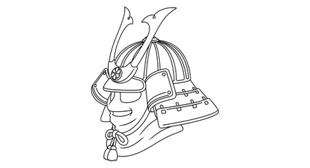 A black and white line art illustration of a traditional Japanese samurai kabuto helmet, showcasing intricate details and historical design elements.の素材