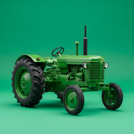 A detailed model of a vintage green John Deere tractor is showcased against a plain green backdrop, highlighting its iconic design.の素材