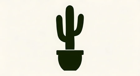 A simple black silhouette of a tall Saguaro cactus with arms, planted in a dark pot against a light background.の素材