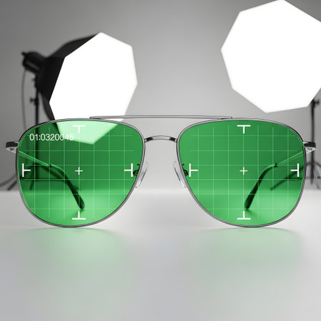 Close-up of aviator sunglasses with vibrant green lenses, set against a backdrop of studio lighting equipment.の素材