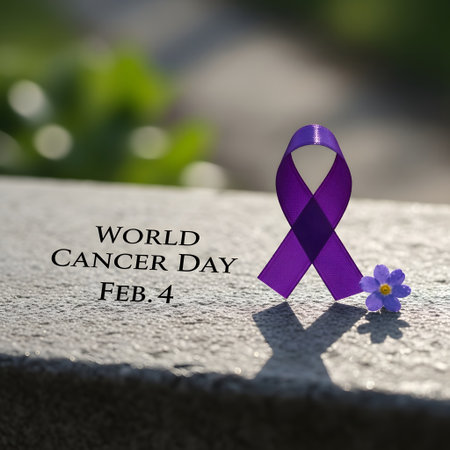 A purple awareness ribbon stands on a wet surface next to a small purple flower, symbolizing World Cancer Day.の素材