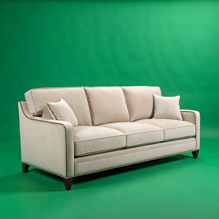 A luxurious cream-colored sofa with multiple plush cushions sits against a striking emerald green backdrop, showcasing its refined design.の素材