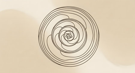 A black line drawing of an oval with swirling concentric lines, set against a soft, textured beige background with subtle lighter splotches.の素材