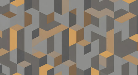 A seamless, isometric geometric pattern featuring interlocking shapes in grey, charcoal, and warm orange hues.の素材