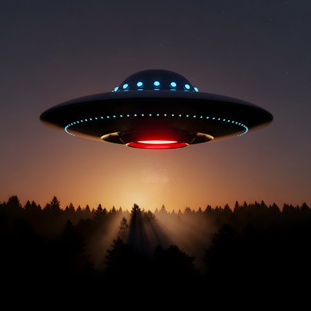 A classic disc-shaped UFO with glowing lights hovers ominously above a silhouetted forest against a dramatic sunset sky.の素材