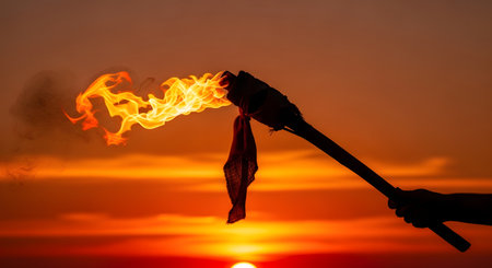 A hand holds a burning torch aloft, its flames licking the air against a vibrant, sun-drenched sunset backdrop.の素材