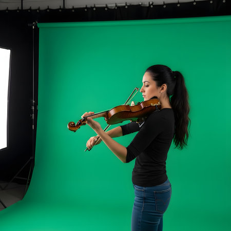 A young woman with dark hair tied back plays a violin in a studio with a green screen backdrop and a bright light.の素材