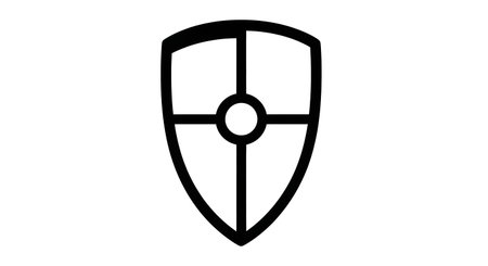 A minimalist black outline drawing of a kite-shaped shield, featuring a crossbar and a central oval boss for protection.の素材