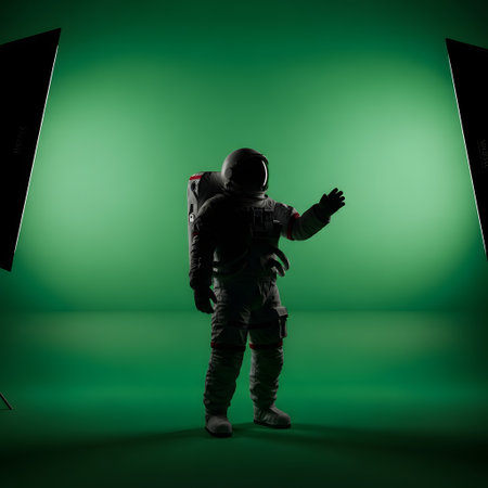 A silhouetted astronaut stands in a studio setting, facing a vibrant green screen with professional lighting equipment.の素材