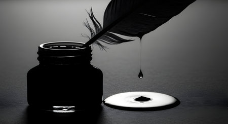 A black feather quill is dripping ink onto a white surface next to a dark ink bottle. Moody lighting.の素材