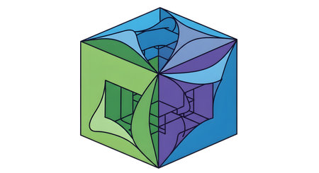 A three-dimensional geometric prism with vibrant blue, green, and purple facets. Intricate internal lines suggest complex structures within.の素材