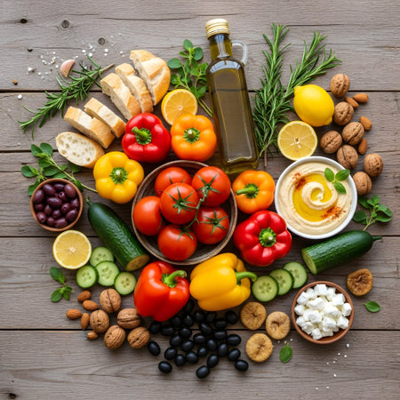 A vibrant overhead shot showcases a bountiful spread of fresh Mediterranean ingredients, including vegetables, bread, olives, nuts, and dips, arranged on a weathered wooden table.の素材