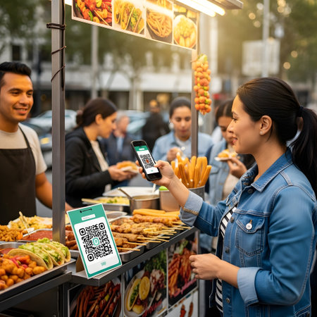 A woman uses her smartphone to scan a QR code at a bustling street food stall, making a contactless payment.の素材