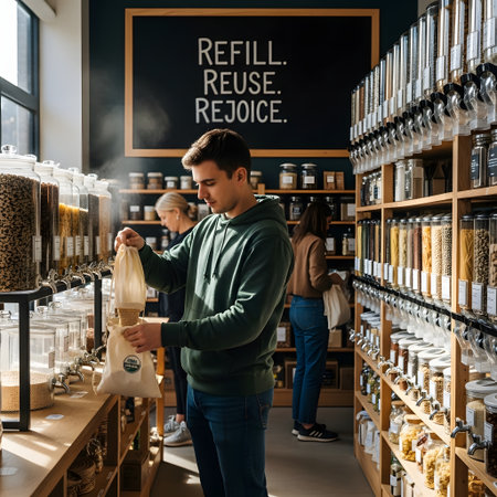 A man in a hooded sweatshirt fills a clear container with bulk goods in a store promoting sustainability and zero waste.の素材