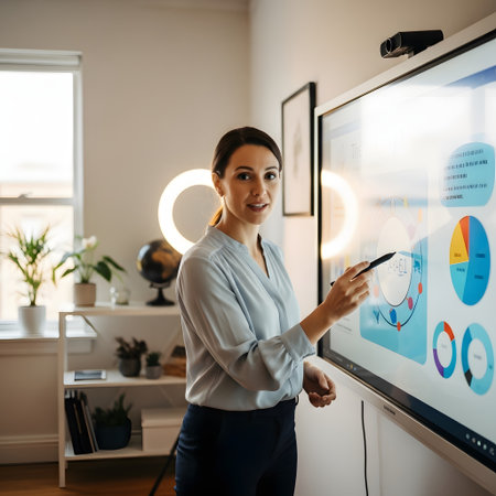 A woman stands in front of a large interactive screen, pointing at charts and graphs. She is smiling and appears to be teaching or presenting.の素材
