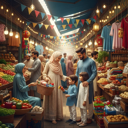 A family with children browses a colorful market stall filled with produce and festive decorations, illuminated by hanging lights.の素材