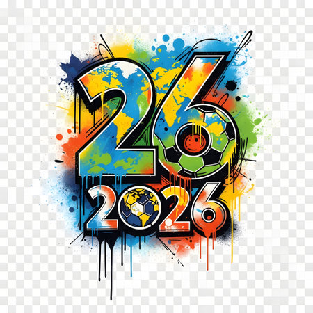 Colorful graffiti art featuring the numbers 26 and 2026, incorporating soccer balls and a world map.の素材