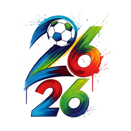 A vibrant graphic featuring a soccer ball atop the number 26, rendered with a dynamic paint splatter and brushstroke artistic style.の素材