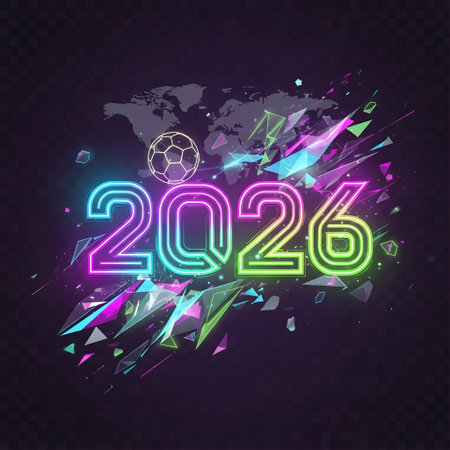 The year 2026 is illuminated in bright neon lights, set against a dynamic, colorful abstract splatter background.の素材