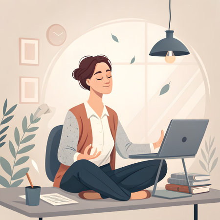 A woman in a home office sits cross-legged on her desk, eyes closed and meditating with a laptop open before her.の素材