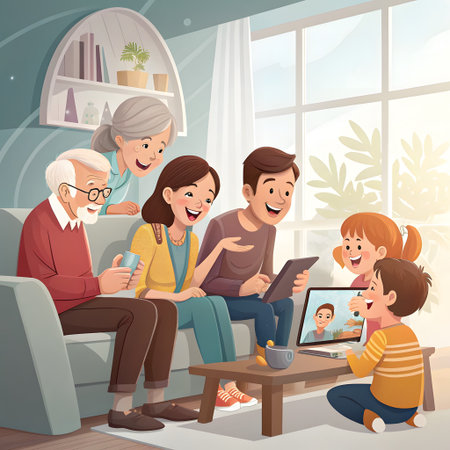 A happy family of different generations gathers in a comfortable living room, connecting with loved ones through a video call on a laptop.の素材