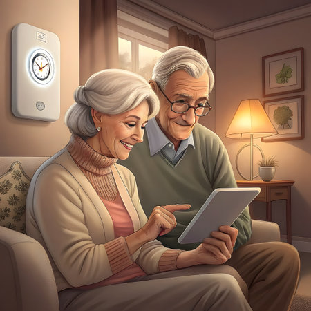 A smiling elderly couple sits on a couch, looking at a tablet. A smart home device is visible on the wall.の素材