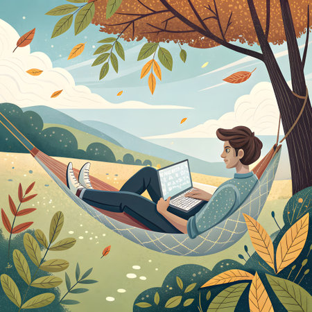 A person relaxes in a hammock, working on a laptop surrounded by falling autumn leaves and a scenic landscape.の素材